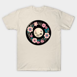 Vintage Flower Vinyl Record Button T-Shirt